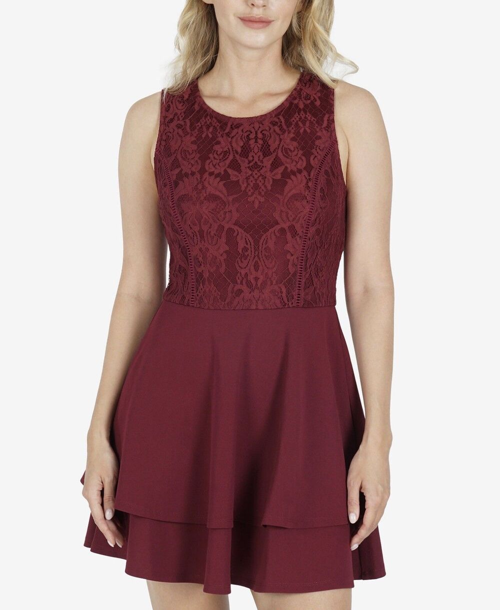 Speechless Jr. Women Wine Lace Top Mini Fit & Flare Dress Juniors XXS NEW